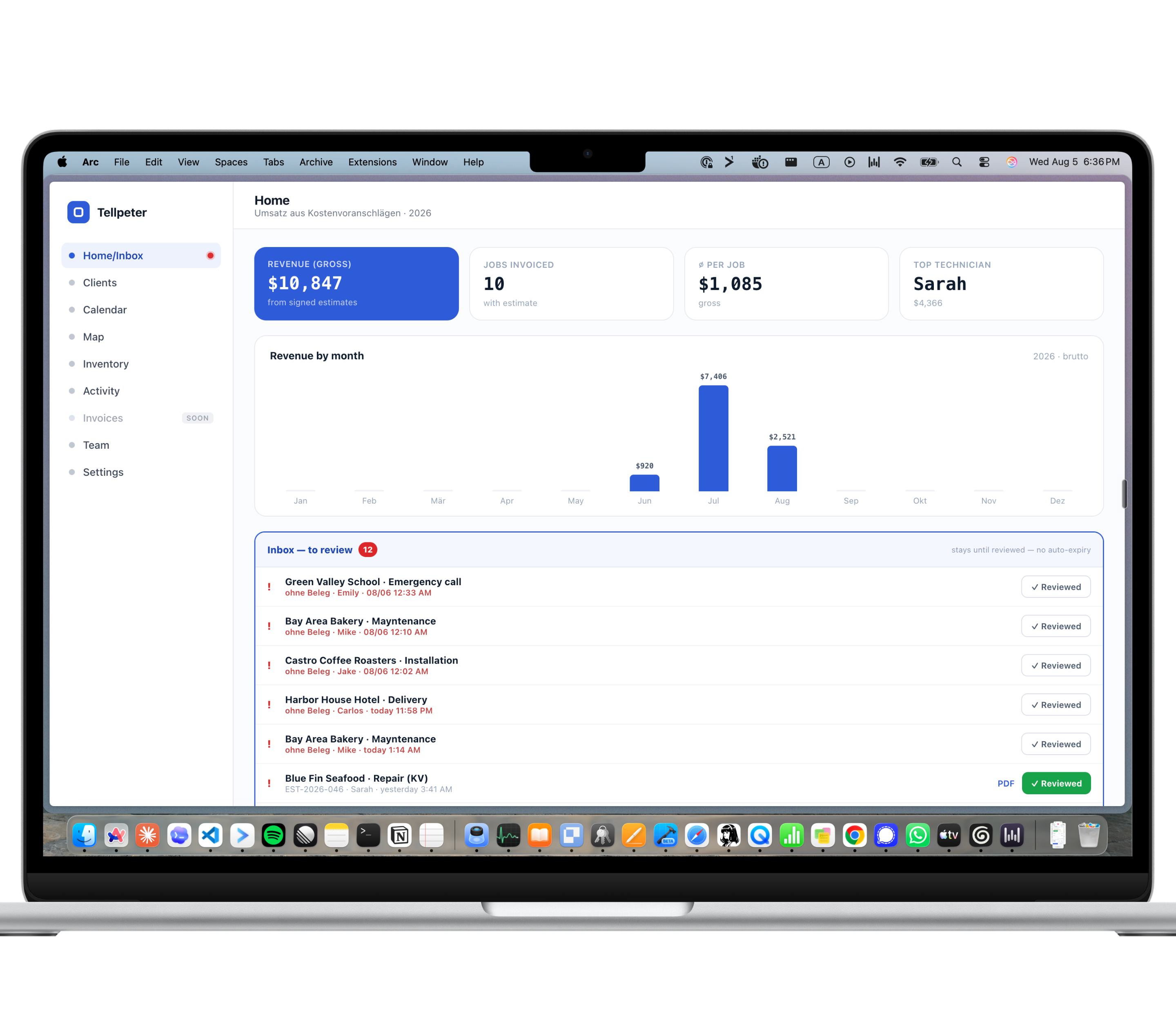 MacBook with Tellpeter Home: revenue overview and inbox